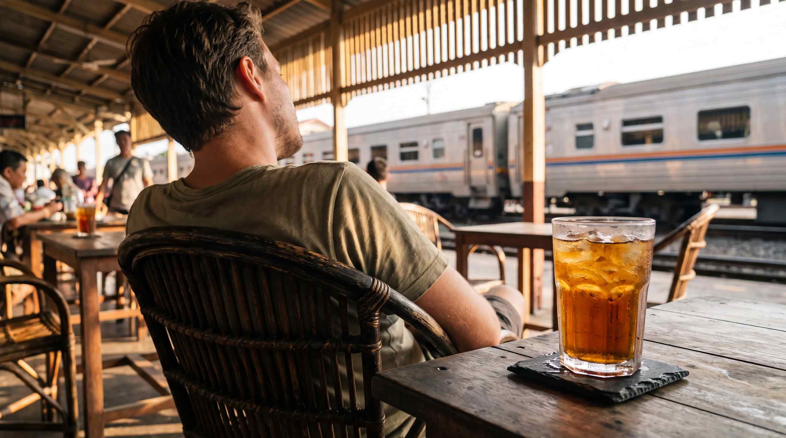 A man waiting for a train while enjoying a beverage.